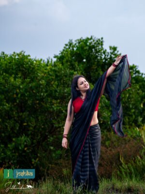 SILVER STRIPED BLACK GEORGET SAREE