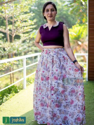 PRINTED GEORGETTE SKIRT AND PETER PAN COLLAR CROP TOP