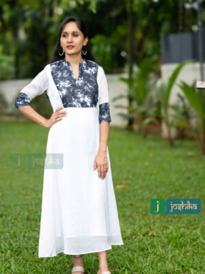 WHITE COLOR ALINE KURTA WITH PRINTED YOKE
