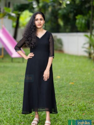 BLACK COLOR ALINE KURTA EMBELLISHED WITH SILVER COLOR BEADS WORK