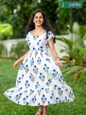 BLOOMING ELAGANCE WHITE FLORAL COTTON FROCK WITH FEEDING ZIP