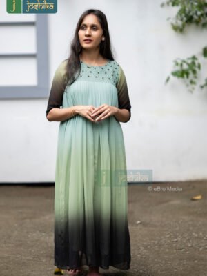 GREEN SHADED PLEATED KURTA WITH EMBROIDERY