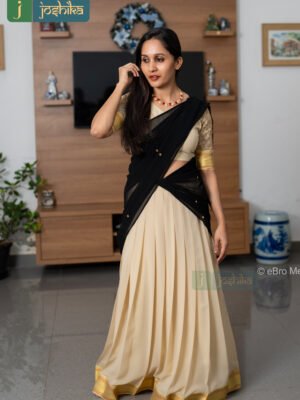 TRADITIONAL CREAM DAVANI SET WITH BLACK DUPATTA