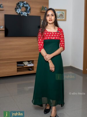 GREEN GEORGETTE A-LINE KURTA WITH AJRAKH YOKE