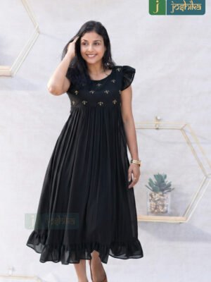 BLACK GEORGETTE HAND EMBROIDERED FROCK KURTA