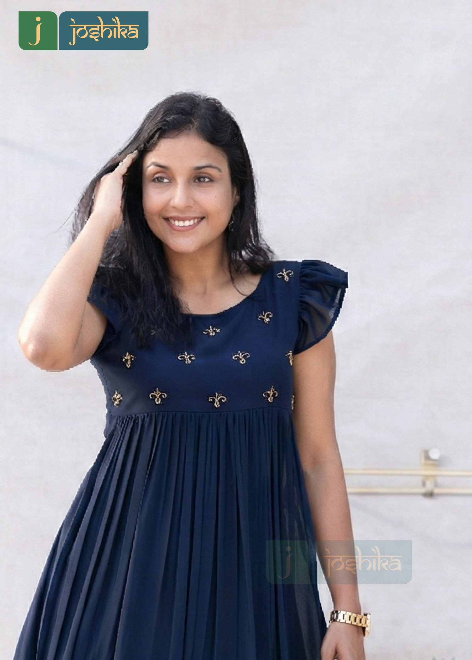 NAVY BLUE GEORGETTE HAND-EMBROIDERED FROCK KURTA - Image 2