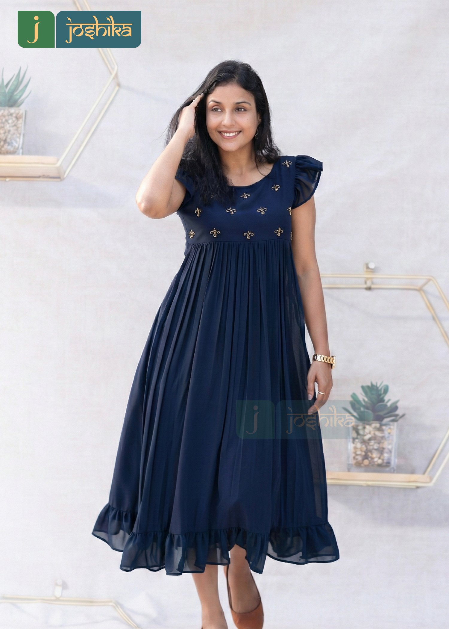 NAVY BLUE GEORGETTE HAND-EMBROIDERED FROCK KURTA