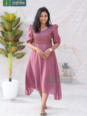 ELEGANT A-LINE HIGH LOW KURTA WITH HAND EMBROIDERY AND GATHERED SLEEVES