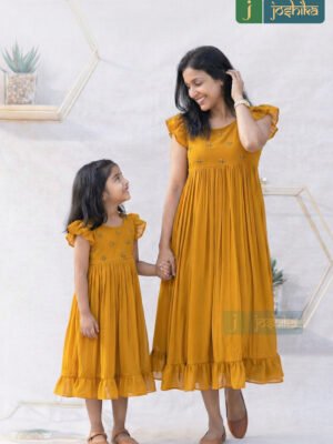 MUSTARD YELLOW GEORGETTE MOTHER-DAUGHTER COMBO FROCK KURTA WITH HAND EMBROIDERY