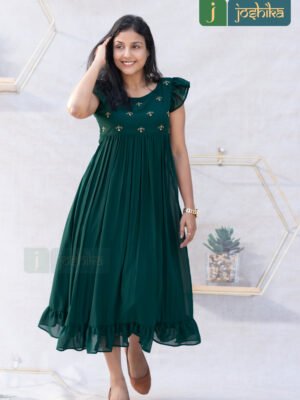 EMERALD GREEN GEORGETTE FROCK KURTA WITH HAND EMBROIDERY