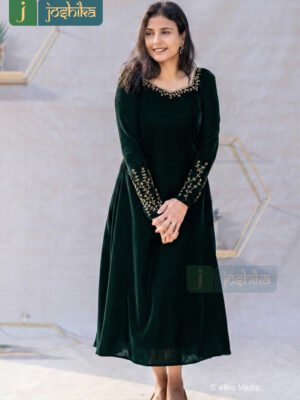 GREEN VELVET ALINE-DRESS WITH HAND EMBROIDERY
