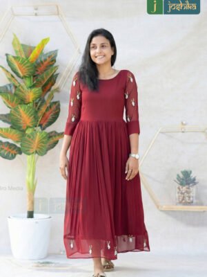 MAROON RED GEORGETTE KURTA WITH SOFT PLEATS AND EMBROIDERY