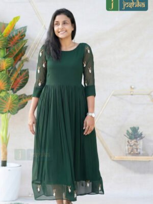 GREEN COLOUR PLEATED KURTA WITH HAND EMBROIDERY