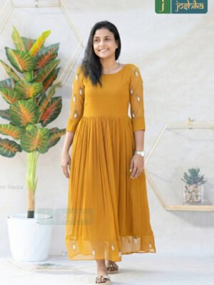 GRACEFUL MUSTARD YELLOW PLEATED EMBROIDERED KURTA