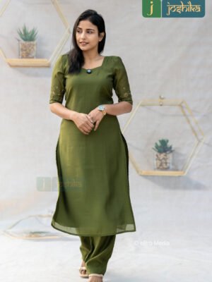 HAND EMBROIDERED CHANDERI KURTA SET