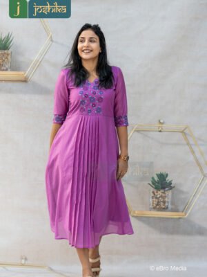 CHANDERI COTTON PLEATED KURTA WITH HAND EMBROIDERY