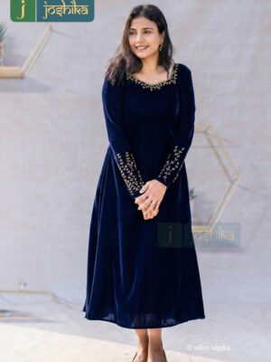 ROYAL NAVY EMBROIDERED VELVET A-LINE DRESS