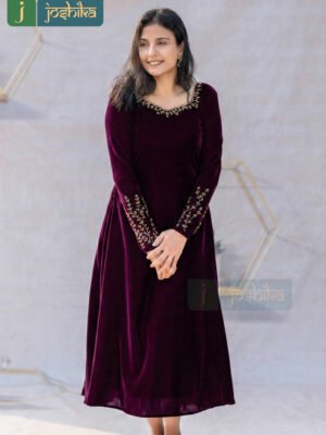 PURPLE A-LINE DRESS WITH HAND EMBROIDERY