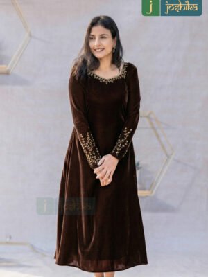 BROWN COLOR VELVET A-LINE KURTA WITH HAND EMBROIDERY