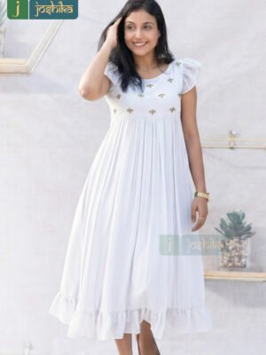 WHITE FROCK KURTA WITH HAND EMBROIDERY