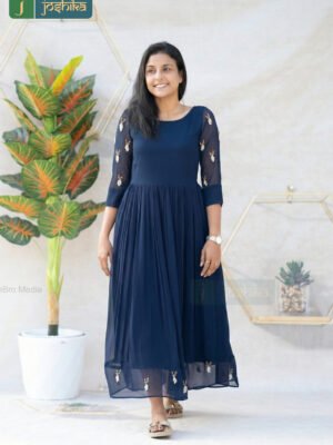 NAVY BLUE PLEATED KURTA WITH DELICATE HAND EMBROIDERY