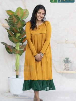 MUSTARD YELLOW SILKY GEORGETTE DRESS WITH GREEN PLEATED DETAIL