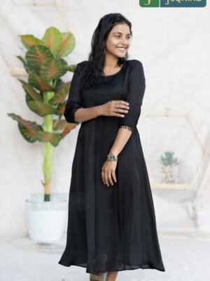 BLACK MODAL SATIN PLEATED DRESS WITH BEAD DETAIL