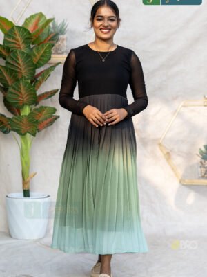 GRACEFUL OMBRE PLEATED DRESS - BLACK TO GREEN GRADIENT
