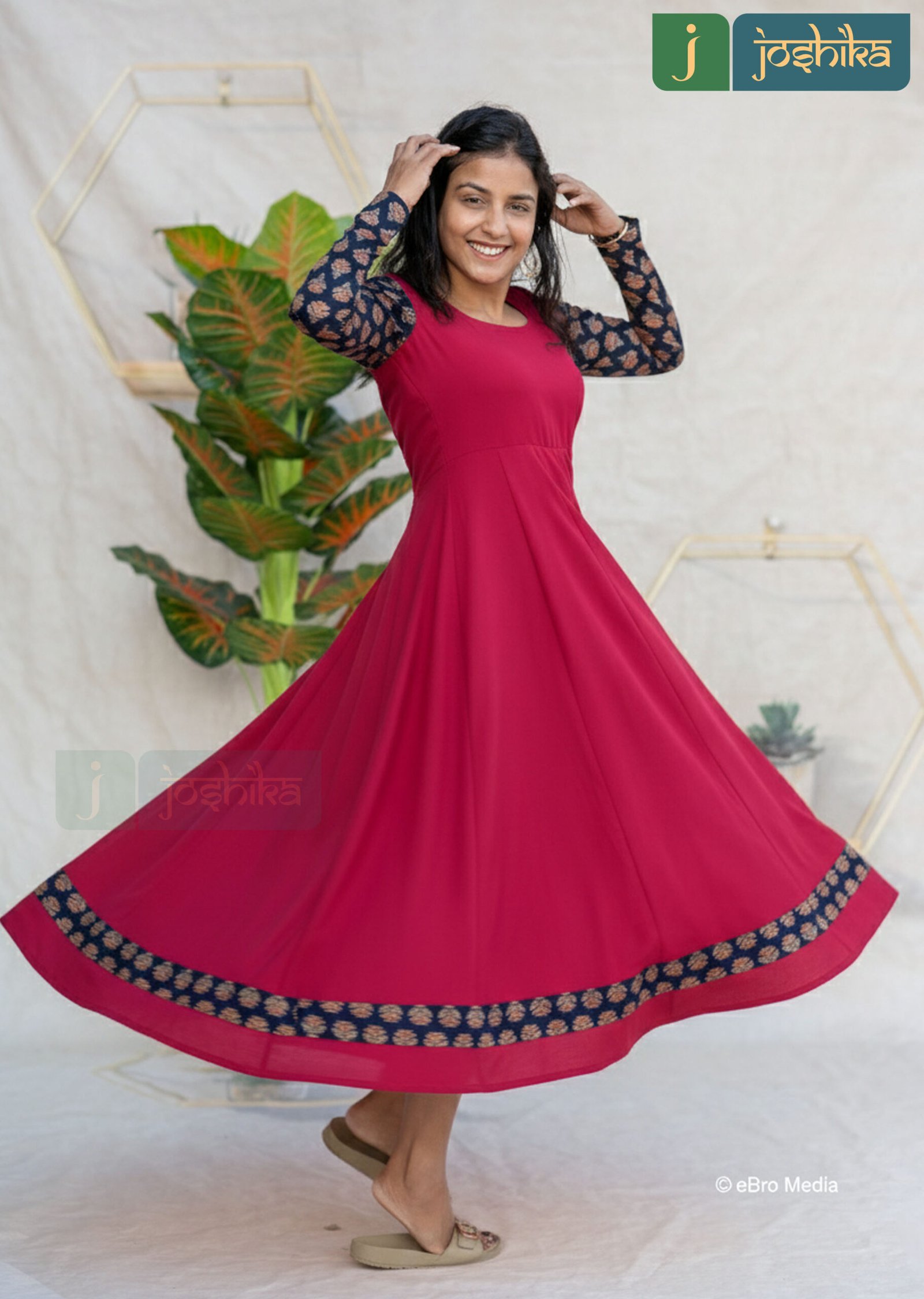 RANI PINK & BLUE AJRAKH FLARED GEORGETTE DRESS