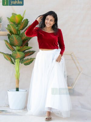 RED VELVET CROP TOP WITH WHITE NET FLARED SKIRT