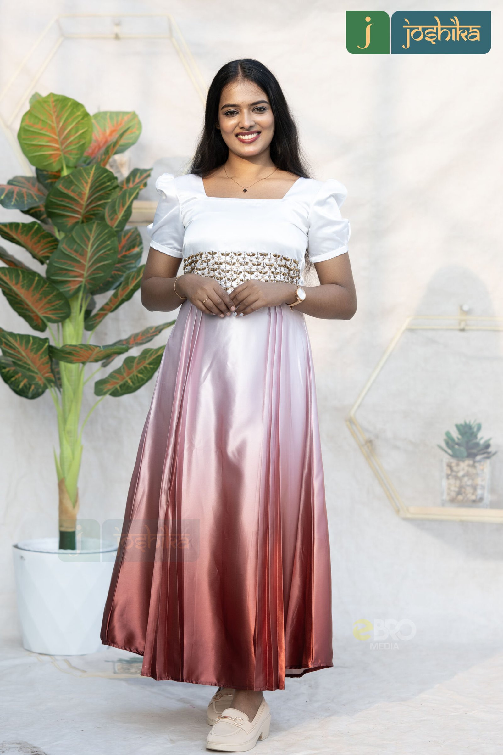 HAND EMBROIDERED OMBRE DRESS WITH PUFF SLEEVE