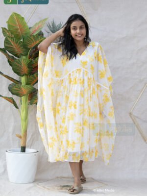 YELLOW FLORAL PRINTED GEORGETTE KAFTAN