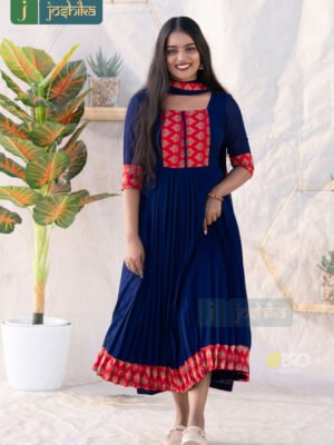 INDIGO ELEGANCE PLEATED KURTA AND DUPATTA WITH AJTRAKH DETAILING