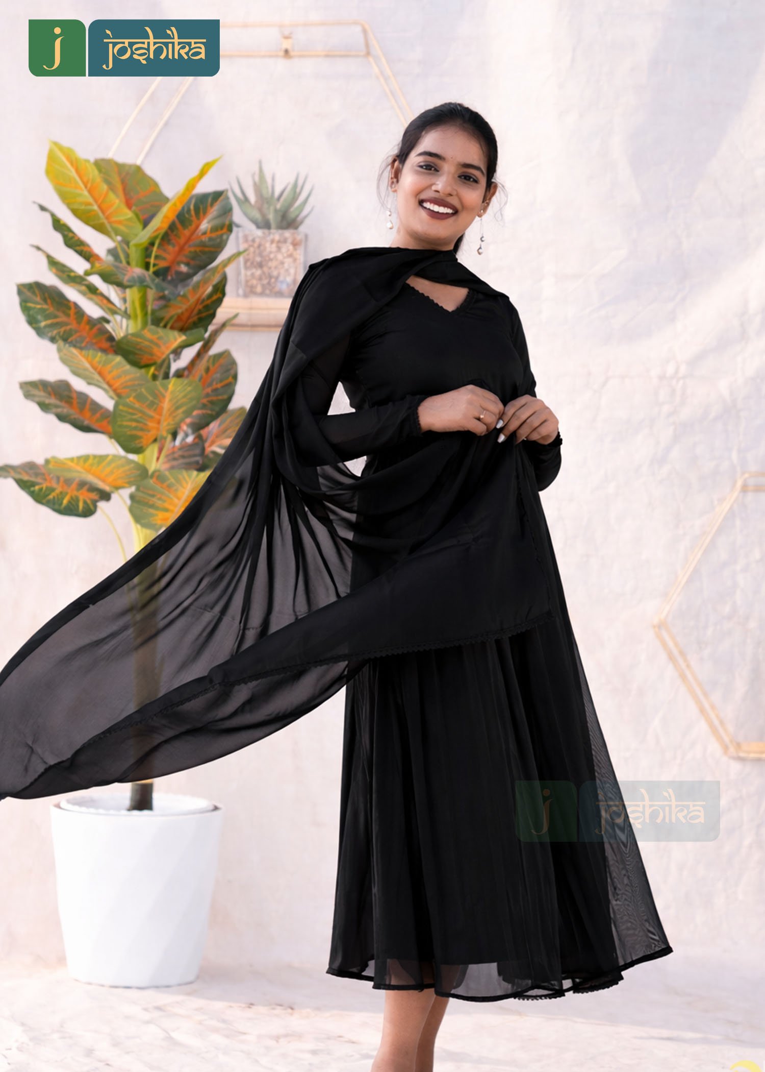 ELEGANT BLACK GEORGETTE ALIYACUT KURTA WITH DUPATTA - Image 4
