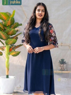 BLUE A-LINE FROCK WITH PRINTED BALLOON SLEEVES