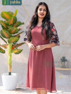 DUSTY PEACH A-LINE FROCK WITH PRINTED BALLOON SLEEVES