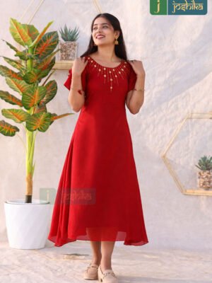 RADIANT RED GEORGETTE A-LINE KURTA WITH ELEGANT NECK EMBELLISHMENT