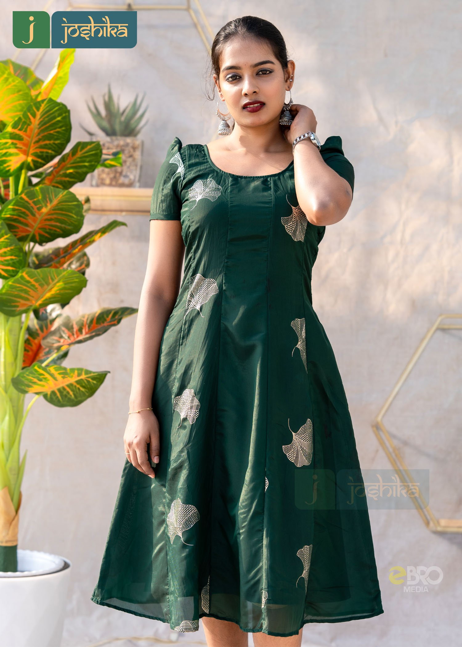 ELEGANT PANEL FROCK IN CRAPE SILK WITH LEAF MOTIF DESIGN