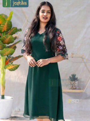 GREEN A-LINE FROCK WITH PRINTED BALLOON SLEEVES
