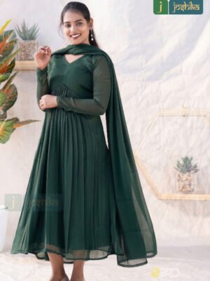 GREEN SILKY GEORGETTE ALIYACUT KURTA WITH DUPATTA