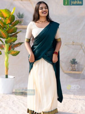 ELEGANT HERITAGE DAVANI SET IN CREAM AND PEACOCK GREEN