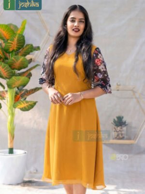 MUSTARD YELLOW A-LINE FROCK WITH PRINTED BALLOON SLEEVES