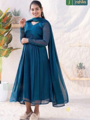 ELEGANT PEACOCK BLUE GEORGETTE ALIYA CUT KURTA WITH DUPATTA