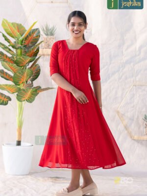 SCARLET GEORGETTE KURTA WITH SEQUINED GATHERED PANEL