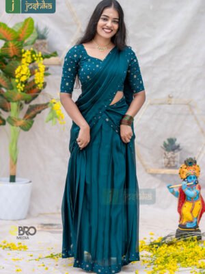 ETHNIC CHARM PEACOCK GREEN SILKY GEORGETTE DAVANI SET FOR VISHU