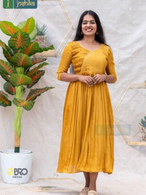 MUSTARD YELLOW KURTA WITH PLEATED YOKE & FLOWING PLEATED FLARE