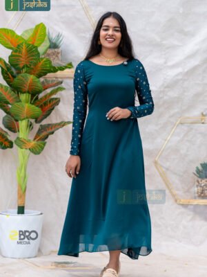 PEACOCK GREEN A-LINE KURTA WITH ELEGANT PRINTED SLEEVES