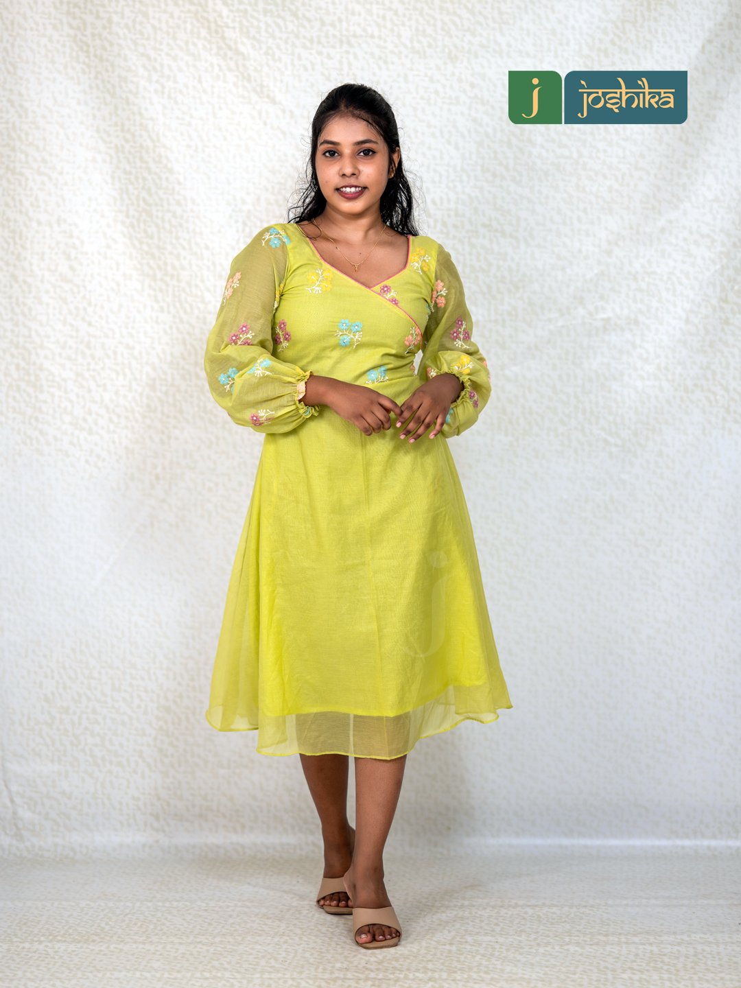 Embroidered Chanderi Western Short Frock in Lime Green - Image 2