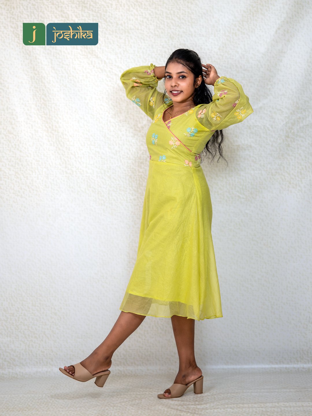Embroidered Chanderi Western Short Frock in Lime Green - Image 3