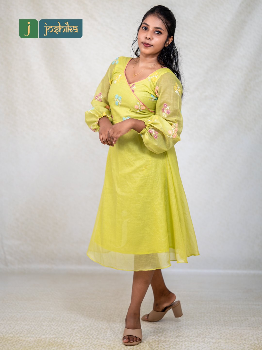 Embroidered Chanderi Western Short Frock in Lime Green